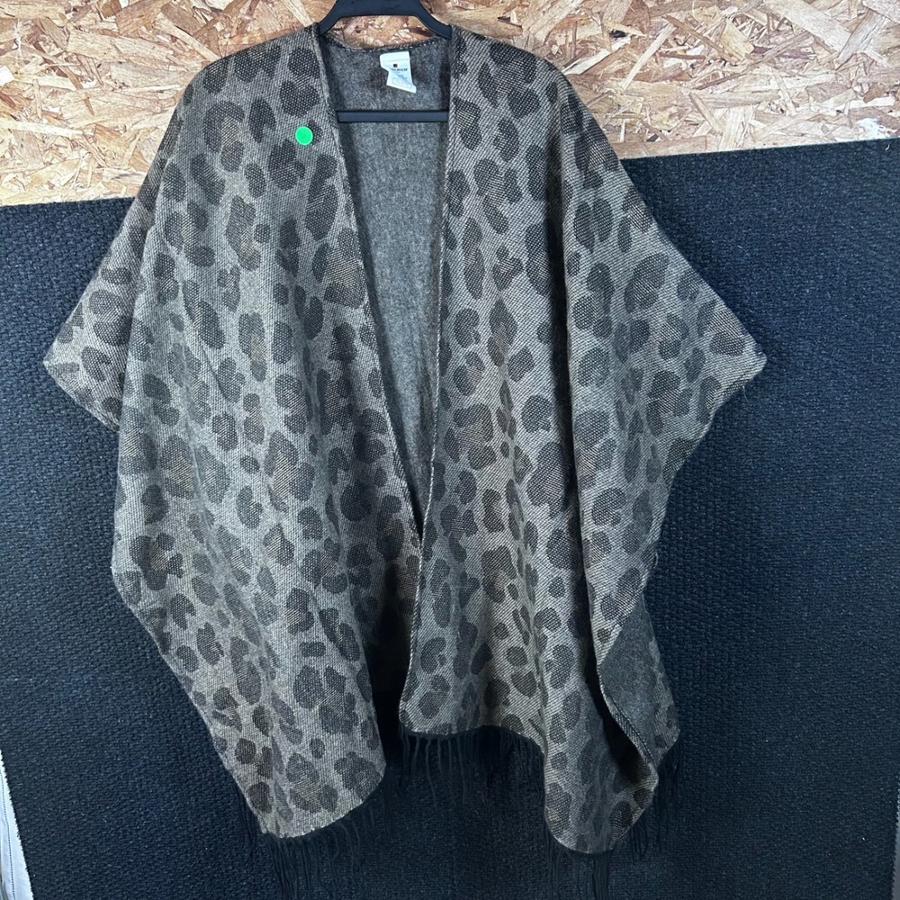 Woolrich Womens‎ Leopard Print Poncho Wrap Shawl Brown Black Fringe One Size